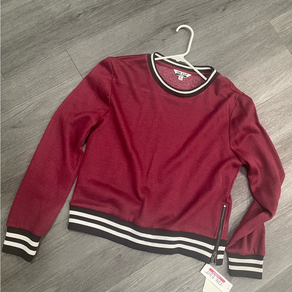 Burgundy Long Sleeve Top with Striped Trim